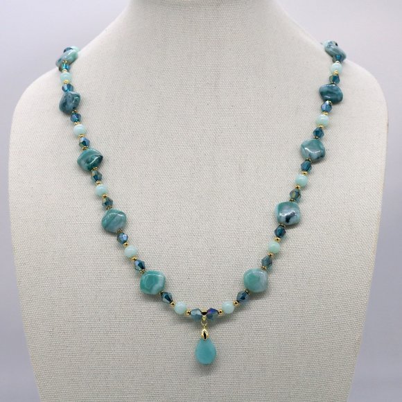 My Bead Emporium Jewelry - Aqua green Jasmin theme necklace with large silver lobster class.